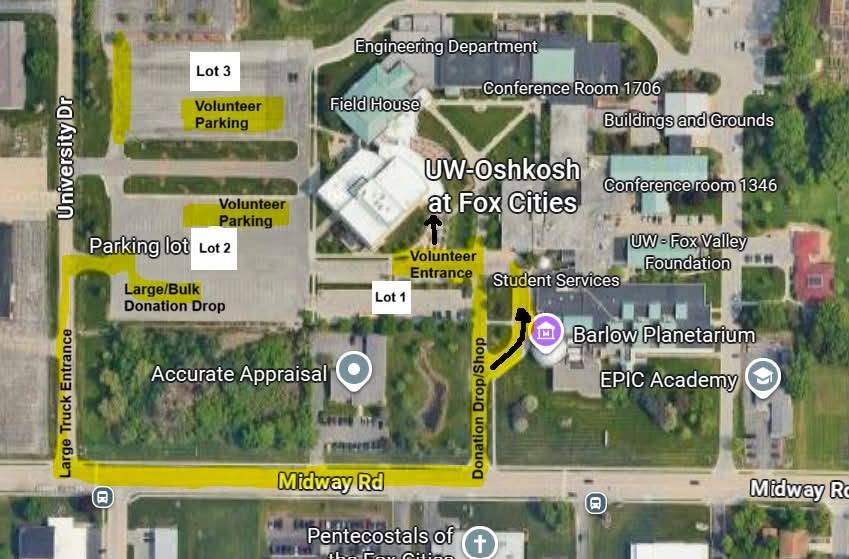 Site map showing parking, volunteer entrance, and donation drop-off routes